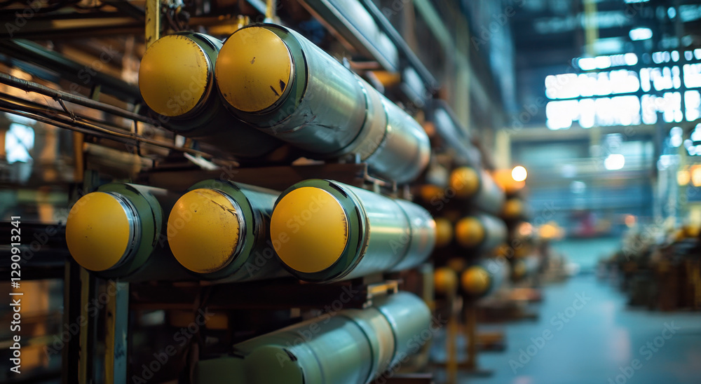Poster cylindrical objects with yellow tips are neatly stored on racks in an industrial facility, illuminat