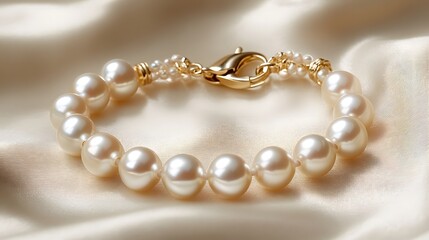 A stunning pearl bracelet with gold clasps, displayed on a soft beige satin background