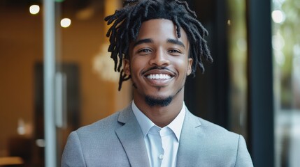 Smiling young man in a gray suit jacket