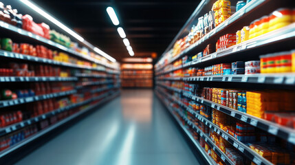 A well-lit supermarket aisle filled with colorful product shelves, creating an inviting shopping atmosphere.