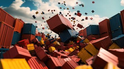 A dramatic scene of colorful shipping containers falling through the air against a bright sky, creating an impactful visual of chaos and movement.