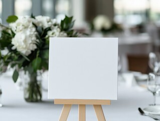 Blank sign on table with floral centerpiece.