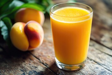 Fototapeta premium A glass of orange juice sits next to a ripe peach
