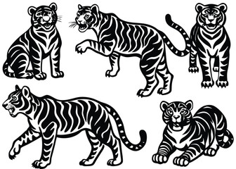 Obraz premium Tiger Silhouette set black Vector design, Tiger Illustration Vector animal set Design for Printing and Craft Projects