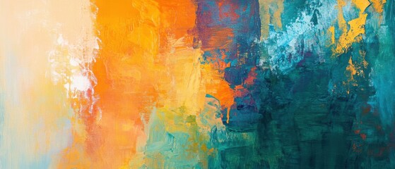 Colorful abstract painting with vibrant orange, teal, and yellow hues creating a dynamic blend. Ideal for modern art backgrounds and digital designs.