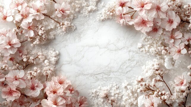 A floral arrangement featuring pink cherry blossoms and delicate white flowers on a marble background.