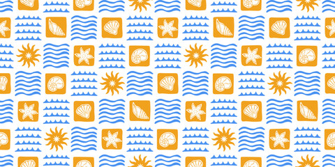 Summer beach patchwork seamless pattern with shells, waves and sun. Vector checkered background. Fabric textile print. Surface cover design.