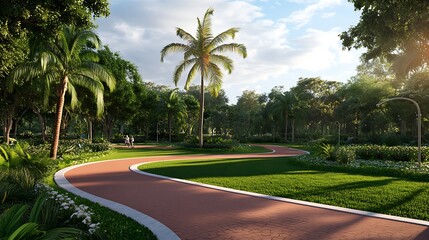 a path in a park with palm trees