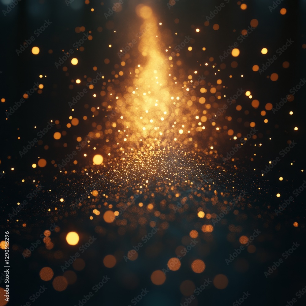 Poster a synchronized movement of 75 glowing particles, gently floating through space in one direction, emi