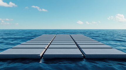 A serene platform of flat panels floats on calm blue water under a clear sky, creating a peaceful and inviting scene.