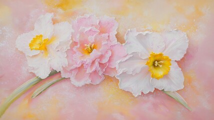 
Textured oil painting of blooming pastel flowers in pink and yellow tones, representing spring freshness and elegance  


