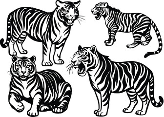 Obraz premium Tiger Silhouette set black Vector design, Tiger Illustration Vector animal set Design for Printing and Craft Projects