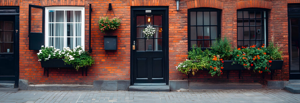 Cozy hostel exterior with brick facade, welcoming entrance, and flower boxes