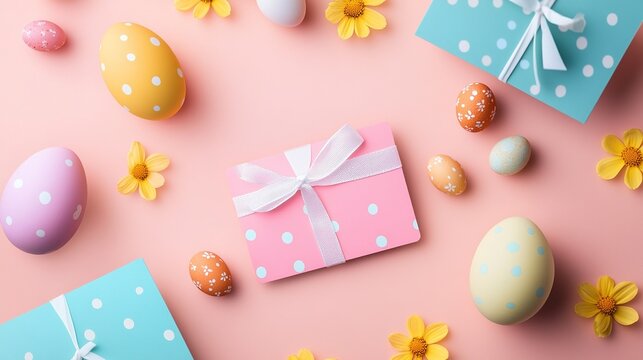 Colorful Easter eggs and gift cards arranged with a vibrant pink background flag design, embodying the joyful spirit of Happy Easter and the beauty of spring.