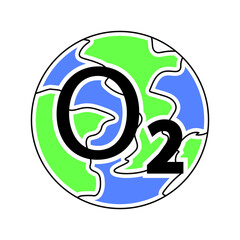 Oxygen O2 and earth globe. featuring abstract green and blue patterns to represent land and water, representing the natural environment of the planet. Highlighting the importance of oxygen to life.
