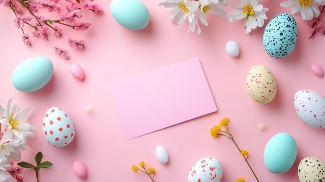 Colorful Easter eggs and gift cards arranged with a vibrant pink background flag design, embodying the joyful spirit of Happy Easter and the beauty of spring.