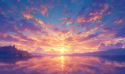 Fototapeta premium A fortress at sunrise with a vibrantly colored sunrise background reflected in a calm sea in anime style