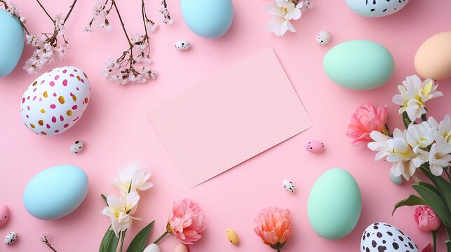Colorful Easter eggs and gift cards arranged with a vibrant pink background flag design, embodying the joyful spirit of Happy Easter and the beauty of spring.