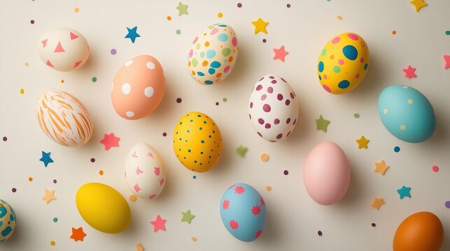 Top-down view of numerous colorful eggs in various sizes, adorned with vibrant stars and dot shapes, set against a beige background on a compact white color chart, perfect for Easter and spring themes