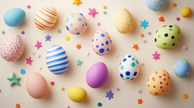 Top-down view of numerous colorful eggs in various sizes, adorned with vibrant stars and dot shapes, set against a beige background on a compact white color chart, perfect for Easter and spring themes