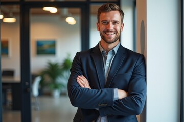 Fototapeta premium Young Smiling Caucasian Male Professional in Smart Suit Standing with Arms Crossed in Modern Office Environment, Exuding Confidence and Approachability
