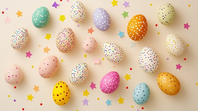 Top-down view of numerous colorful eggs in various sizes, adorned with vibrant stars and dot shapes, set against a beige background on a compact white color chart, perfect for Easter and spring themes