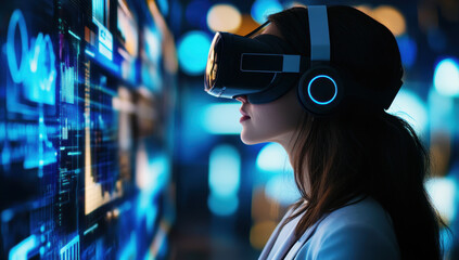 A businesswoman experiences immersive virtual reality in a futuristic office environment while analyzing data visuals