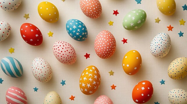 Top-down view of numerous colorful eggs in various sizes, adorned with vibrant stars and dot shapes, set against a beige background on a compact white color chart, perfect for Easter and spring themes