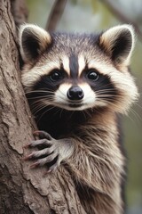 Fototapeta premium A close-up of a raccoon sitting on a tree branch, looking around