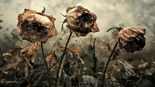Withered and dried flowers in a neglected garden, The once vibrant blooms now droop lifelessly, Abandonment and decay	