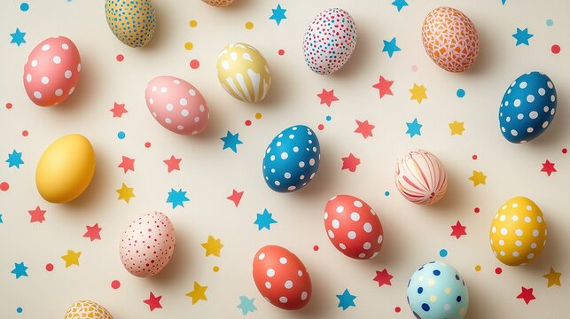 Top-down view of numerous colorful eggs in various sizes, adorned with vibrant stars and dot shapes, set against a beige background on a compact white color chart, perfect for Easter and spring themes