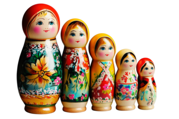 Five colorful Russian dolls. Transparent background