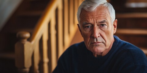 Elderly man with serious expression posing on wooden staircase indoors