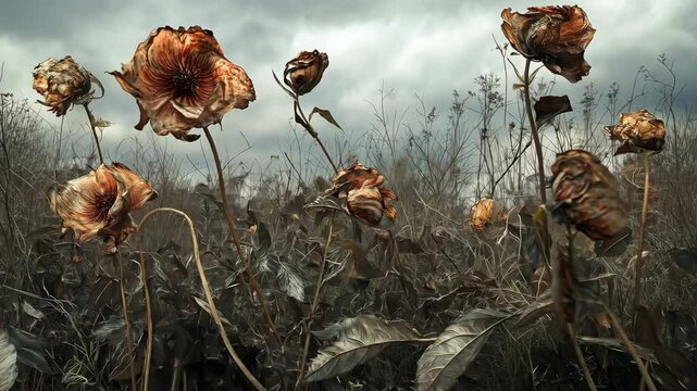 Withered and dried flowers in a neglected garden, The once vibrant blooms now droop lifelessly, Abandonment and decay	