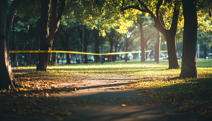 Crime scene in a public park with police investigation wallpaper background