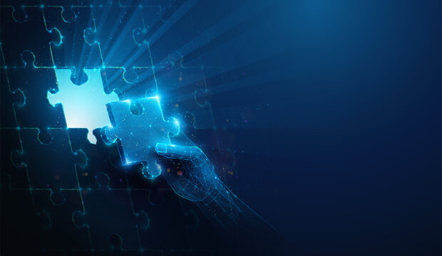 Low Poly Hand Completing Puzzle on the Side. Abstract geometric illustration depicting synergy partnership and business teamwork concept by wireframe mesh on blue background with copy space