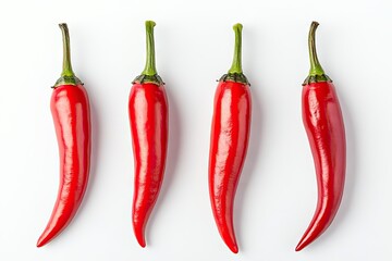 Four Red Chili Peppers on White Background
