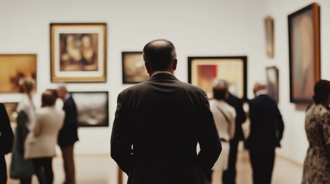 Lottery jackpot winner attending a private art auction. Featuring sophistication and luxury