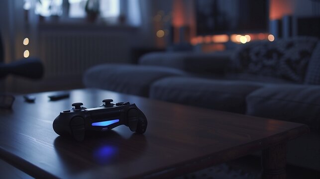 Close-up of a glowing gaming console controller in a modern living room setup, symbolizing video game news and updates. Gaming technology and entertainment concepts.
