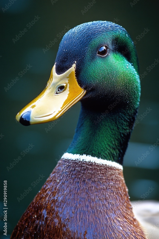 Aufkleber A close-up view of a duck's head with water in the background, suitable for use in illustrations or designs related to nature, wildlife, or water themes