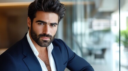 Fototapeta premium Confident bearded man in a suit with a focused look in a modern office setting