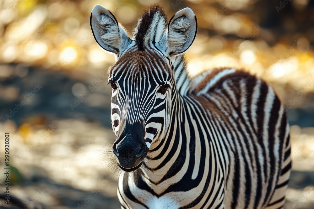 Poster a close-up view of a zebra standing on a dirt ground, with its striped legs and body visible