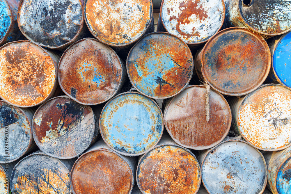 Wall mural scenic view of old metal barrels in a port