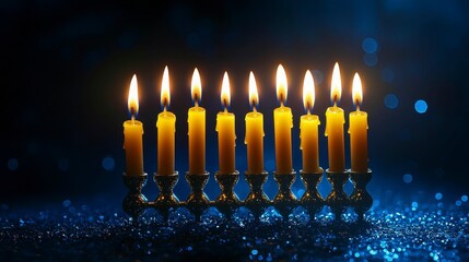Illuminated Hanukkah Menorah Candles Glowing Warmly in Festive Celebration of Holiday Tradition