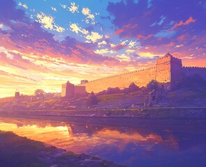 Obraz premium Castle fortress at sunrise over calm lake and colorful sky, anime style
