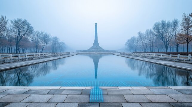 Monument To The Party Foundation Reflected In Water On A Foggy Morning, Pyongyang, North Korea