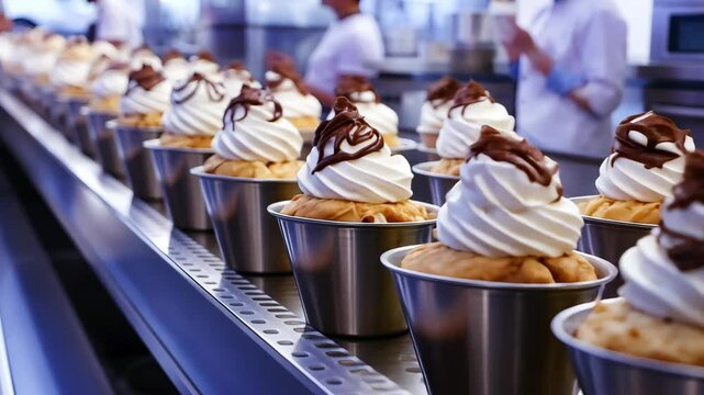 A production line of ice cream in a modern factory, The sleek machinery is automated, with ice cream moving along a conveyor belt	