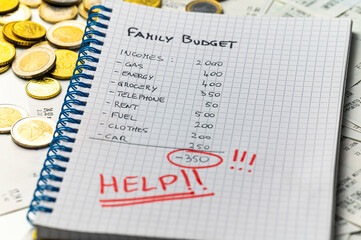Notebook with family budget, calculator table, and money next to it. Price increases and economic...