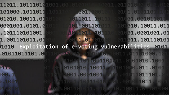 Cyber attack exploitation of e-voting vulnerabilities text in foreground screen, hacker hidden with hoodie in the blurred background. Vulnerability text in binary system code on editor program.