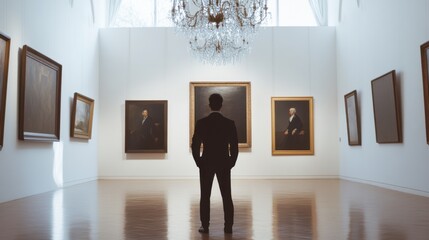 Lottery jackpot winner attending an exclusive art auction. Featuring culture and wealth